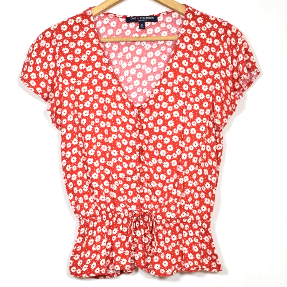One Clothing Floral Peplum V Neck Top Red Small